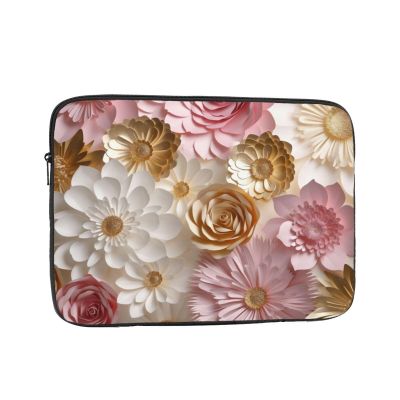 12 Inch Laptop Sleeve Bag Waterproof Shockproof Laptop Case Bag Pink White Gold Flowers Computer Skin Bags Lightweight Tablet Carrying Case