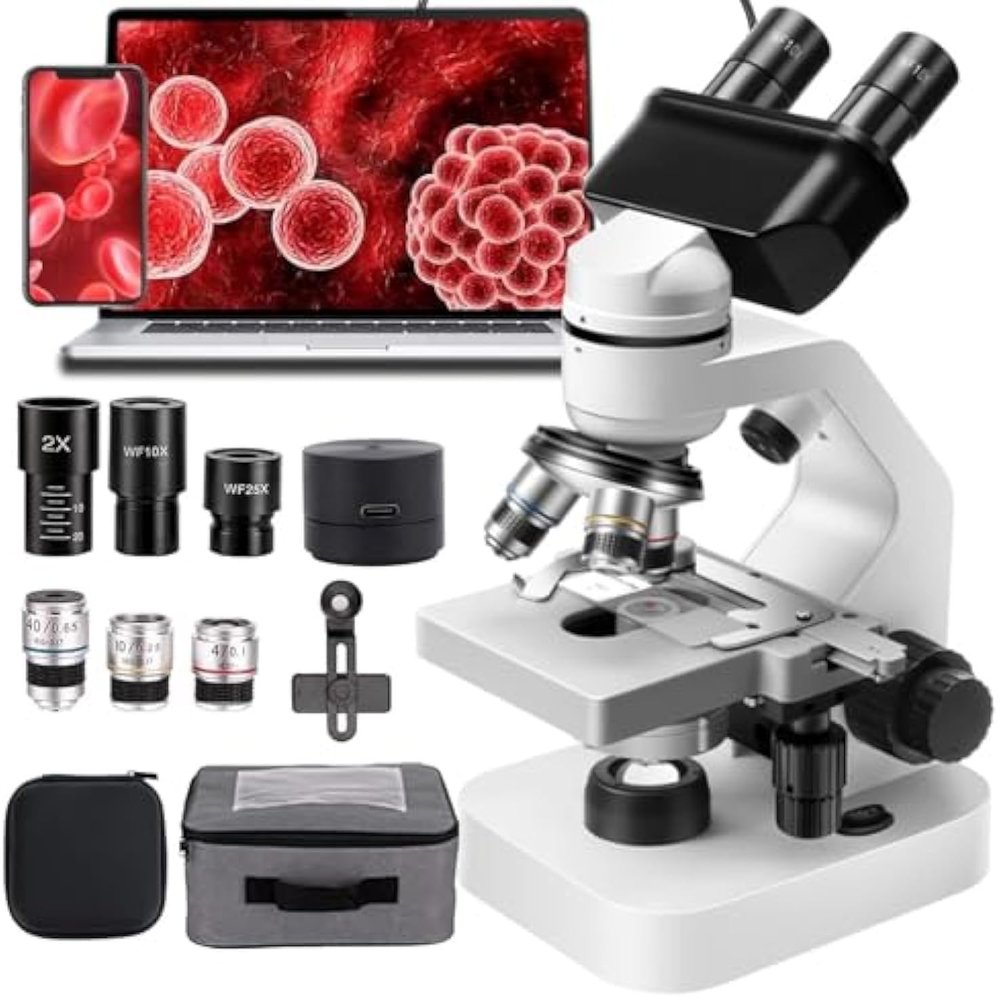 ddingsmafosee Beginner Binocular Microscope Kit,Compound Microscope for Students,40-2000x Experimental Microscope,Dual Led Lights,360 Dual Focus,with 2X Mirror,Phone Holder and Storage Box