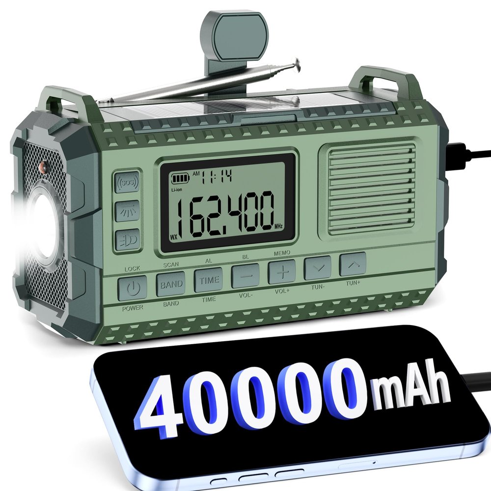 Emergency Weather Radio - AM/FM/NOAA Hand Crank Radio with 15W Fast Charge, 40000mAh Portable Solar Power Bank, Multi-Function Flashlight & SOS Alarm for Outdoor Indoor Emergencies (Green)