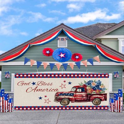 4th of July Garage Door Banner Decoration 7x16 Ft, Red Truck Blue Red Flower Linen Texture Garage Door Cover Hanging Cloth Holiday Backdrop for Indoor Outdoor Wall Door House Background Decor