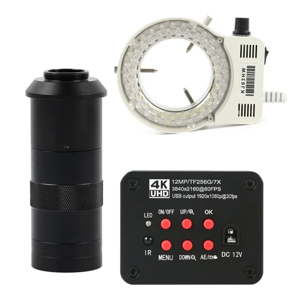 Microscope 12MP 4K UHD 1080P USB HDMI Industrial Video Microscope C Mount Camera +180X 300X 200X 500X 100X C Mount Lens + 56 LED Ring Light(LED with 100x)