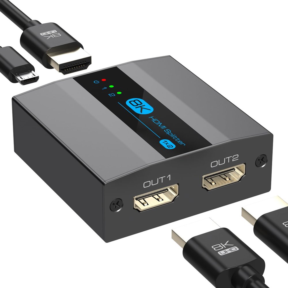 FQuanmap 8K HDMI Splitter 1 in 2 Out 4k 120Hz,HDMI 2.1 Splitter for Dual Monitors Support EDID Management HDCP 2.3 HDR 10 for Laptops PCs TV Boxes DVD Players PS5/PS4/PS3