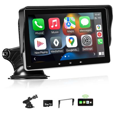 Apple Carplay Screen for Car, 7" Wireless Carplay & Android Auto Car Stereo, Portable Touchscreen with Mirror Link/GPS Navigation/AUX/Voice Control/Bluetooth for All Vehicles