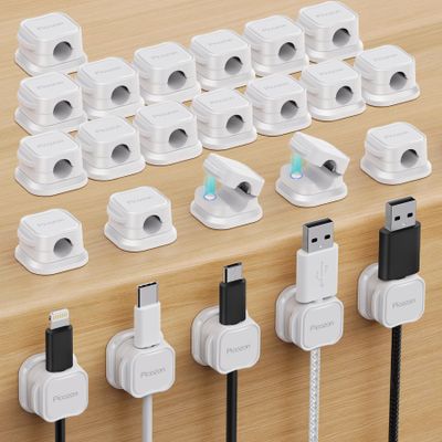 24 Pack Magnetic Cable Clip Organizer Cord Holder, Picozon Adhesive Cable Management, Wire Phone USB Charger Cable Holder, Keeper Organizer for Office Home Desktop Table - White