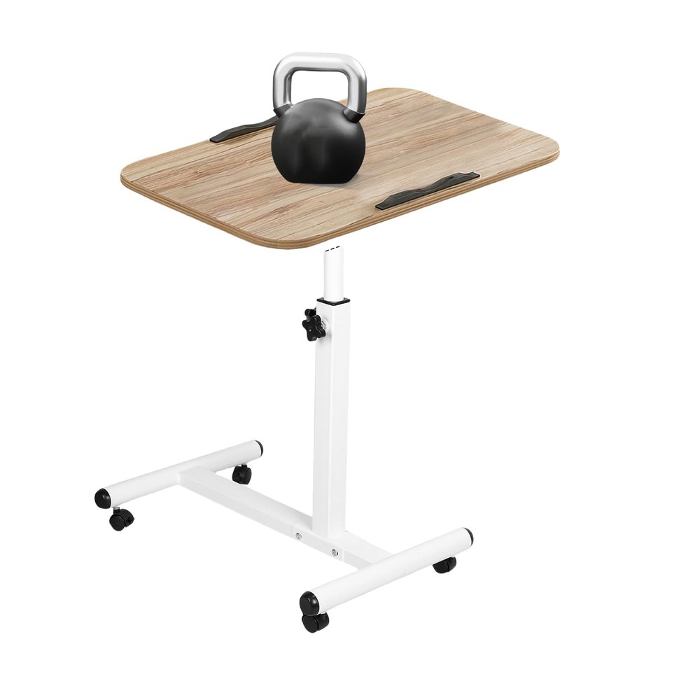 Adjustable Overbed Table with Wheels, Rolling Standing Laptop Desk, Portable Computer Cart, 23.6-37.4 inch Height Adjustable, Tilting Desktop (White and Natural)