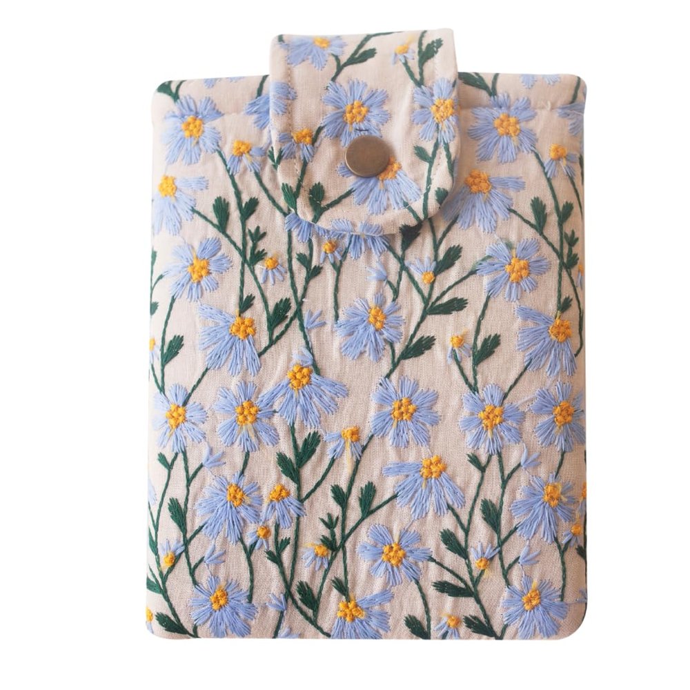 Embroidered Kindle Sleeve - Fits Paperwhite (6 & 6.8), Signature, Oasis, Kobo Clara, Nook Glowlight - Padded Cover for E-Readers & Tablets, Multiple Colors (Blue & Beige Daisy - Snap)