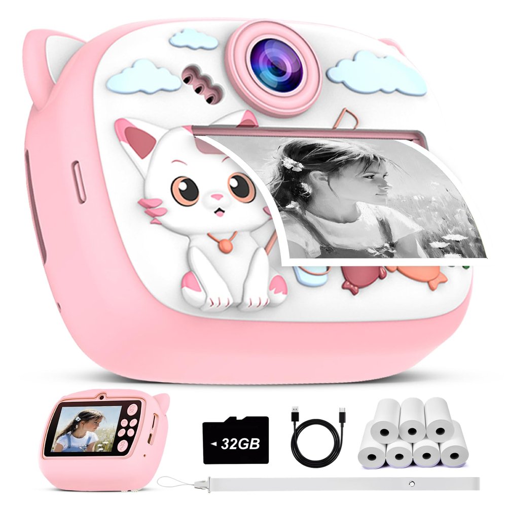 Kids Instant Print Camera-M2 | Inspire Kids to Explore & Createwith 2.4" Screen, 24MP Photo & 1080P Video, for Ages 3-12, with 32GB Card & 7 Paper Rolls, Monochrome Thermal Printing