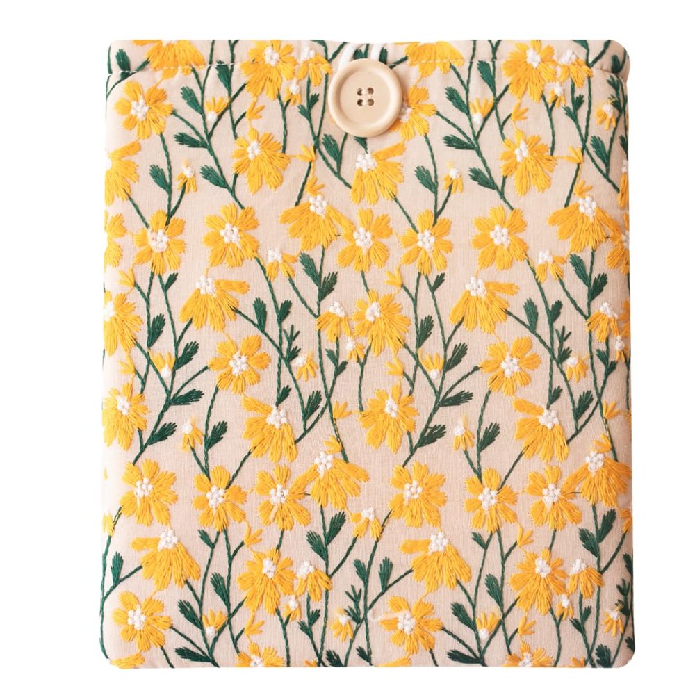 Embroidered Fabric Sleeve for iPad 9.7/10.2/10.5/10.9, Nook Glowlight Plus, Mass Market Paperback Books Padded Protective Cover, Handcrafted Character - Yellow & Beige Daisy