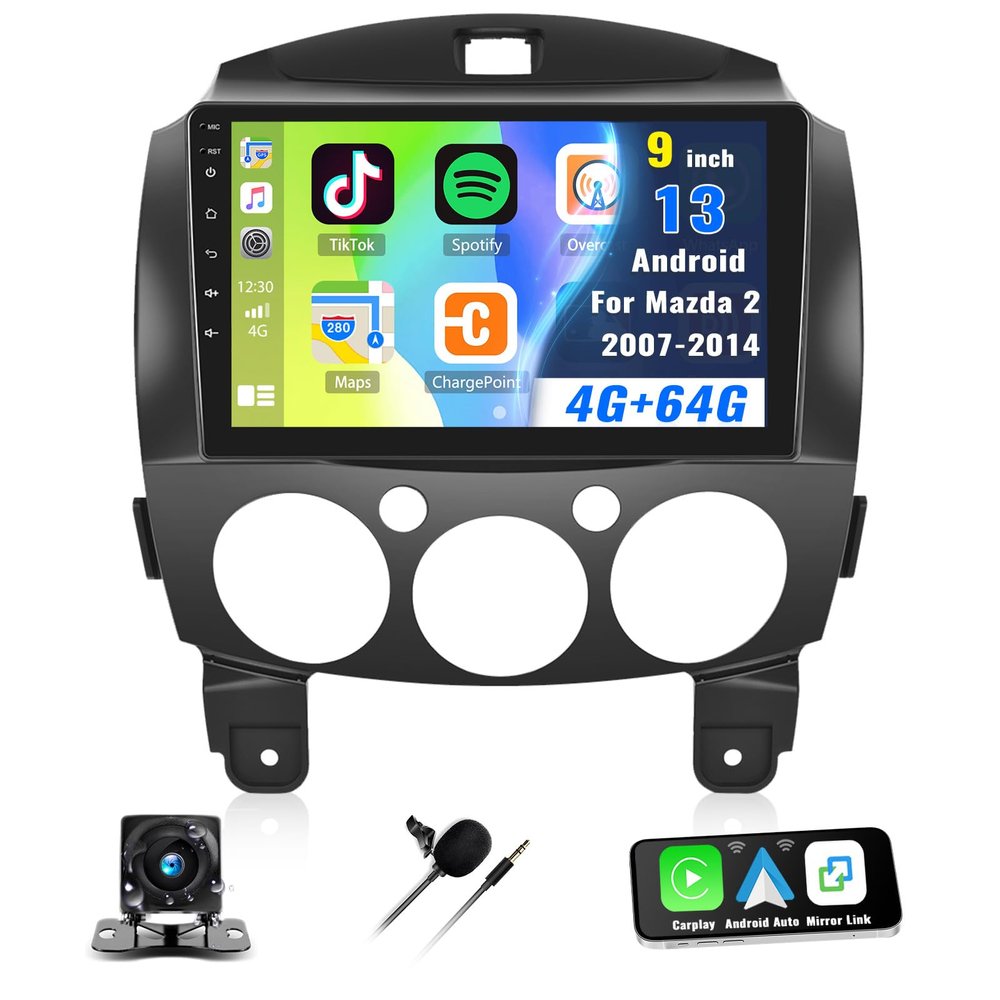 [4G+64G] Car Radio for Mazda 2 2007-2014 with Wireless CarPlay Android Auto,9" Touchscreen Android 15 Mazda 2 Car Stereo with Mirror Link Voice Control WiFi/GPS,Bluetooth,FM/RDS SWC+Backup Camera