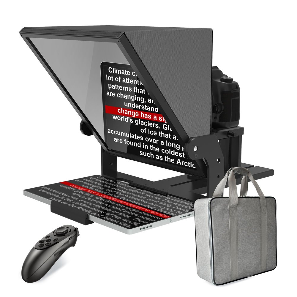 13-inch high-Definition Wide-Angle teleprompterHigh-Definition Beam Splitter DesignManual Height Adjustment, Compatible with a Wide Range of Deviceswith Remote Control and teleprompter apps