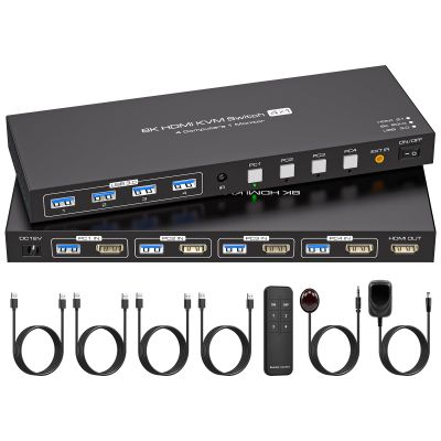 ATLAHET HDMI KVM Switch 1 Monitor 4 Computers 8K 60Hz KVM Switches 4 Port for 4PCs Share 1 Monitor and Four USB Devices Like Keyboard Mouse Printer etc. Includes Accessories - 8K