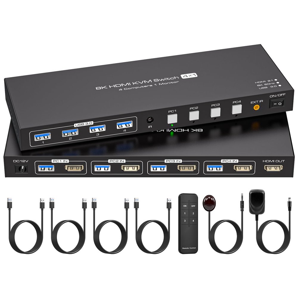 ATLAHET HDMI KVM Switch 1 Monitor 4 Computers 8K 60Hz KVM Switches 4 Port for 4PCs Share 1 Monitor and Four USB Devices Like Keyboard Mouse Printer etc. Includes Accessories - 8K