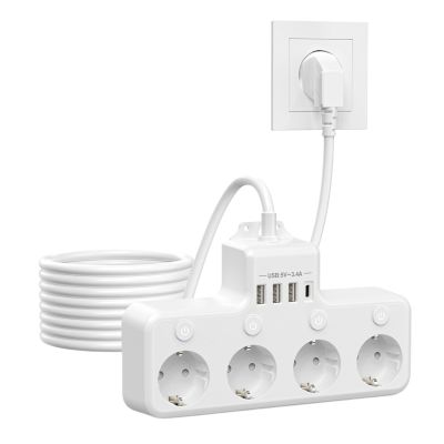 2M USB Power Strip with Individual Switch Type C Port 4000W EU Plug Multiple Socket Power Oulet Surge Protector Extension Cord