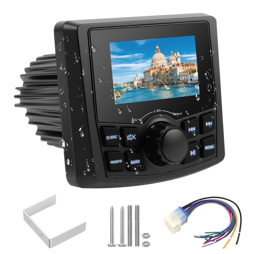 Boat Radio Marine Stereo Receiver,Waterproof Digital Multimedia MP5 Player with 3" LCD Display,Wireless Connection, Multi-Mode Playback AM/FM Tuner, AUX USB Preset EQ Subwoofer, for Car, Boat, ATV, RV