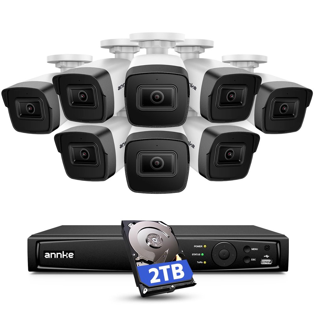 ANNKE 5MP Security Camera System, 16CH NVR Recorder with AI Motion Detection, 8X 3K IP PoE Wired Cams with Built-in Mic, IP67, 2.8mm Lens, Compatible with Alexa for Home Business Surveillance, 2TB HDD