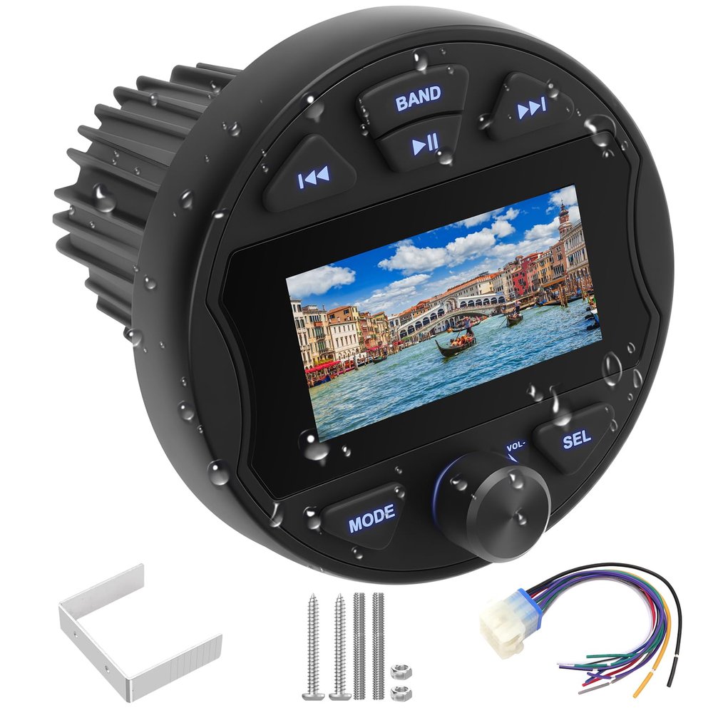 Boat Radio Marine Stereo Receiver,Waterproof Digital Multimedia MP5 Player, 3" LCD Display, Wireless Connection,No CD Player,AM/FM Tuner,AUX USB Preset EQ Subwoofer, for Car,Boat, ATV, Motorcycle, RV