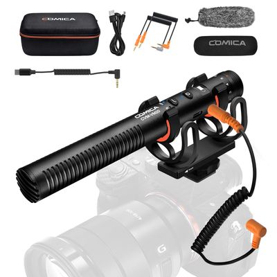 COMICA VM20 Shotgun Microphone with 3.5mm TRS to USB-C Audio Output Cable, Super-Cardioid Camera Microphone with OLED Power Display, Video Mic for Smartphones, DSLR Cameras, Tablets, Laptops