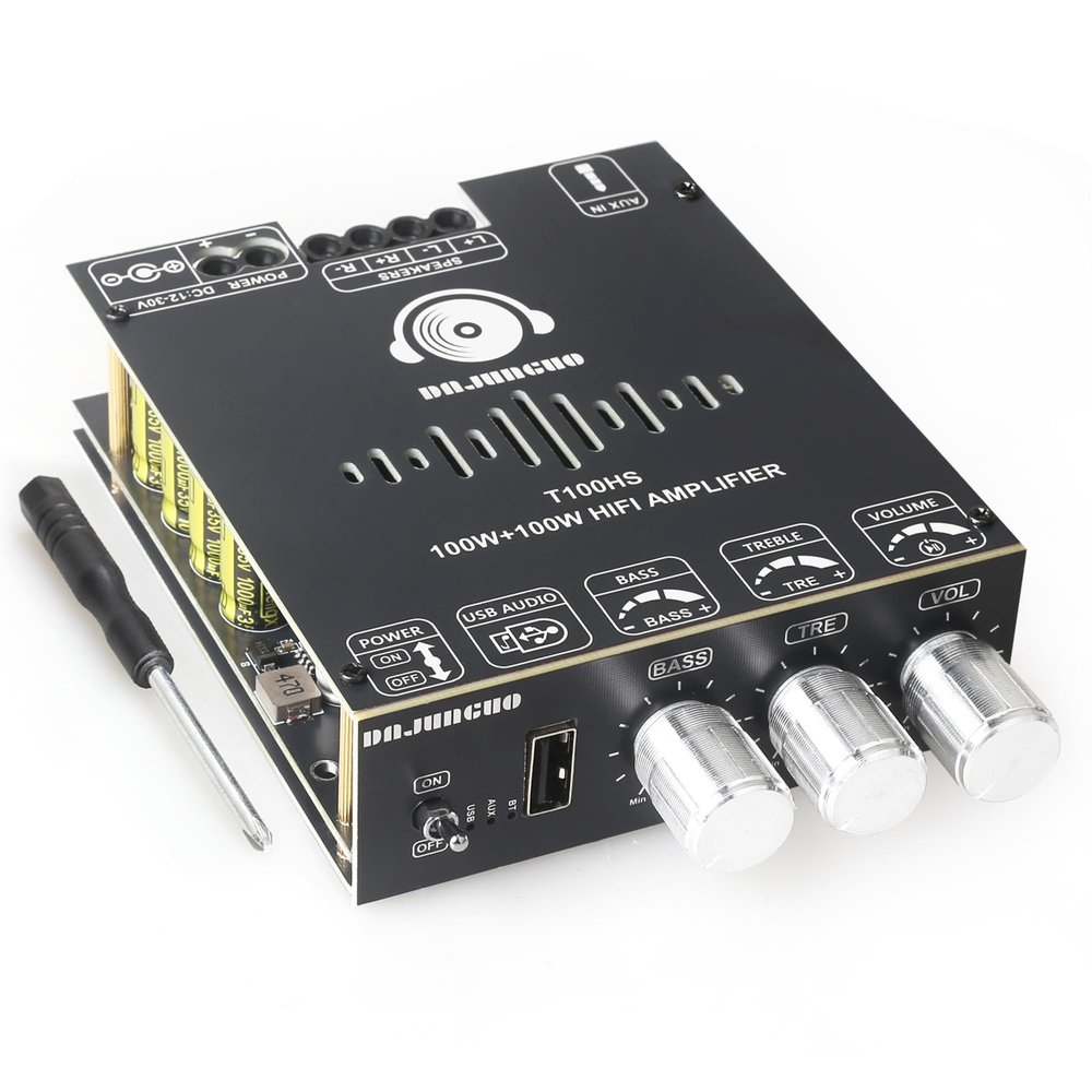 T100HS Power Amplifier Board with Subwoofer 2.0 Channel 100W2, TPA3221 Chip 12V-30V Audio Power Amplifier with Treble and Bass Control