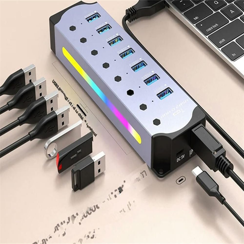 for USB 3.0 Hub, 7-Port RGB Hub with LED Strip,Dynamic Modes,Switches, Aluminum Case Hub for PC,Laptops EU Plug