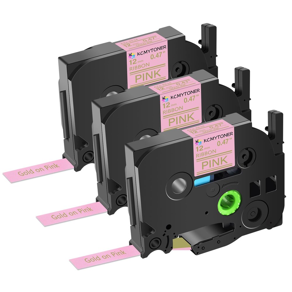KCMYTONER 3 Pack Compatible for Ptouch TZe-RE34 TZ-RE34 Satin Ribbon TZe TZ Tape 12mm 0.47" Gold on Pink Embellish Fabric Label Maker Tape for PT-1830 PT-1890C PT-2430PC PT-2730 PT-1290