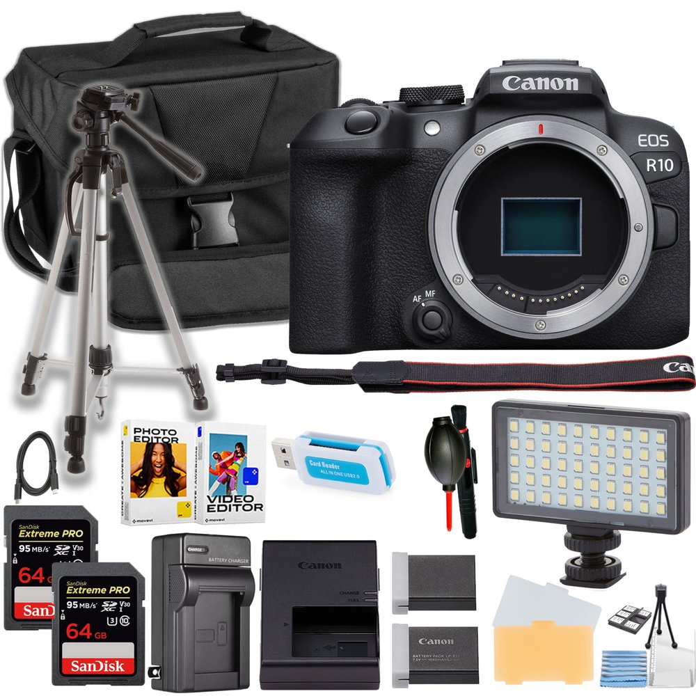 Canon EOS R10 Mirrorless Camera Body Only + 64GB Memory Card + LED Light + 50 Inch Tripod + More (18pc Bundle) (Renewed)