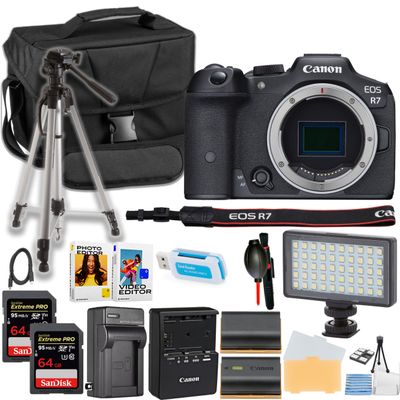 Canon EOS R7 Mirrorless Camera Body Only + 64GB Memory Card + LED Light + 50 Inch Tripod + More (18pc Bundle) (Renewed)