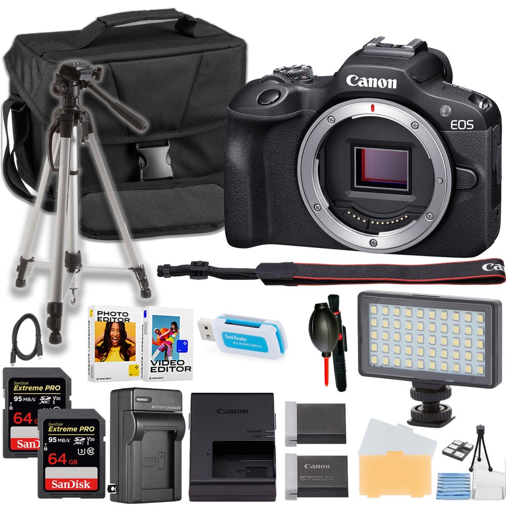 Canon EOS R100 Mirrorless Camera Body Only + 64GB Memory Card + LED Light + 50 Inch Tripod + More (18pc Bundle) (Renewed)