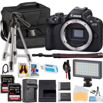 Canon EOS R50 Mirrorless Camera Body Only + 64GB Memory Card + LED Light + 50 Inch Tripod + More (18pc Bundle) (Renewed)