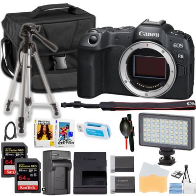 Canon EOS R8 Mirrorless Camera Body Only + 64GB Memory Card + LED Light + 50 Inch Tripod + More (18pc Bundle) (Renewed)