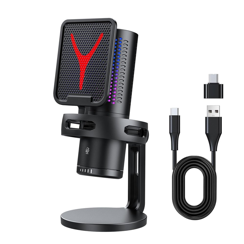 Jiawu USB Microphone for PC, Gaming Microphone with Quick Mute, Noise Cancellation Condenser Mic with RGB Lights, Popfilter, Shock Mount, Gain Control for Gaming, Streaming, Podcasts
