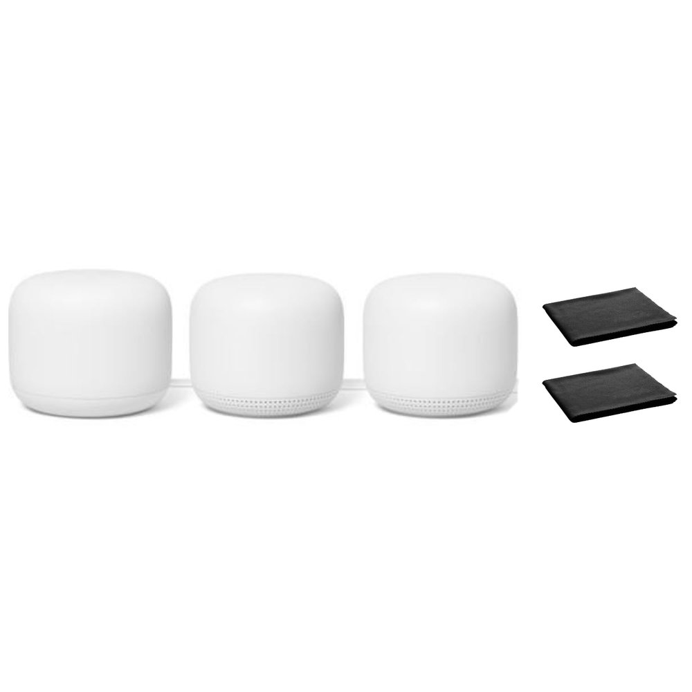 Google Nest WiFi Mesh Router (AC2200) with 2 Points, Google Assistant Built-in, 3-Pack, Snow Whole Home Coverage up to 5400 Sq Ft, Multiple 4K Streams, Handles 200 Devices, W/ 2X Microfiber Cloths