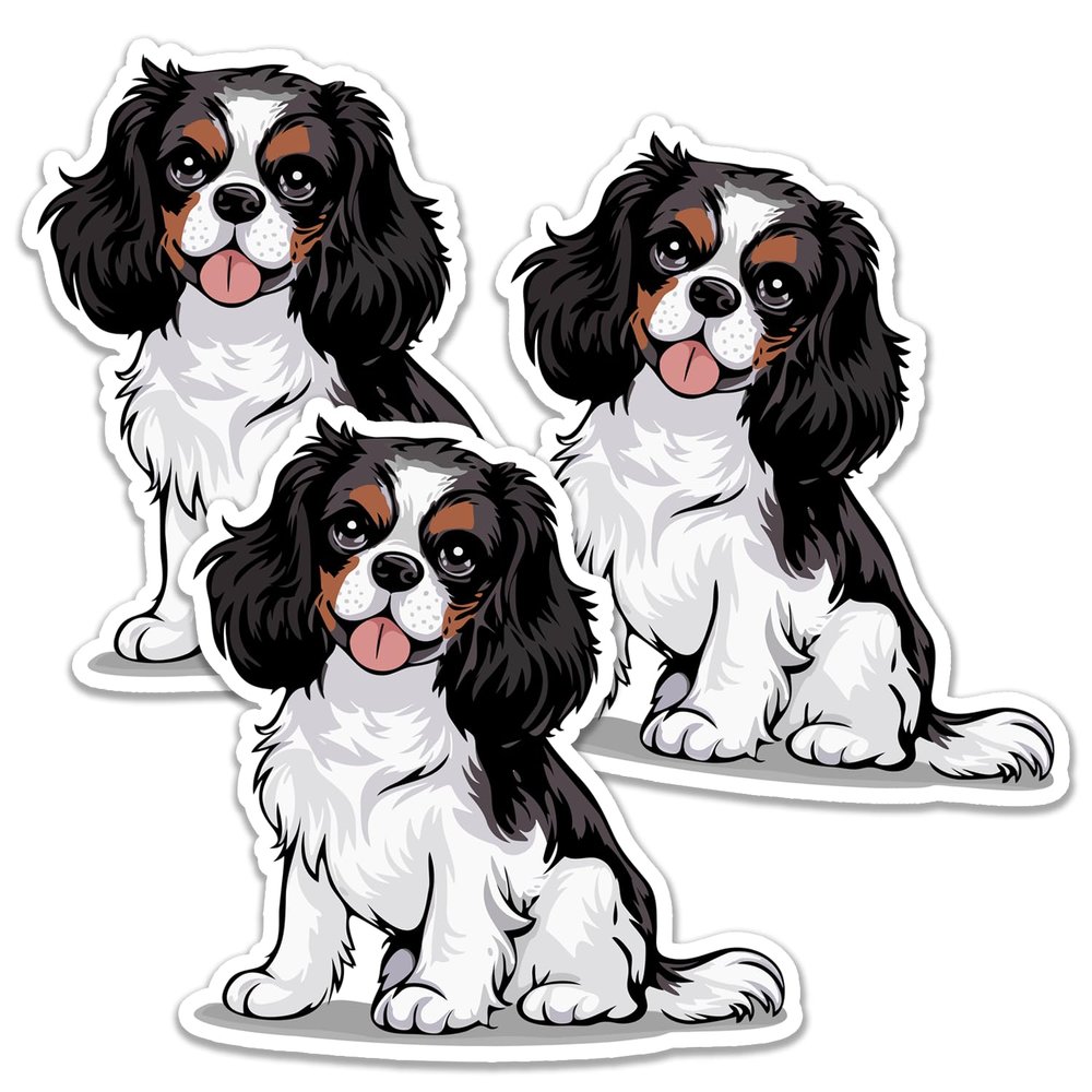 3.5" Tricolor Cavalier King Charles Spaniel Dog Sticker 3 Pack - Black, Brown, & White Cavaliers Puppy Dogs Vinyl Decal Stickers Waterproof Decals (3)
