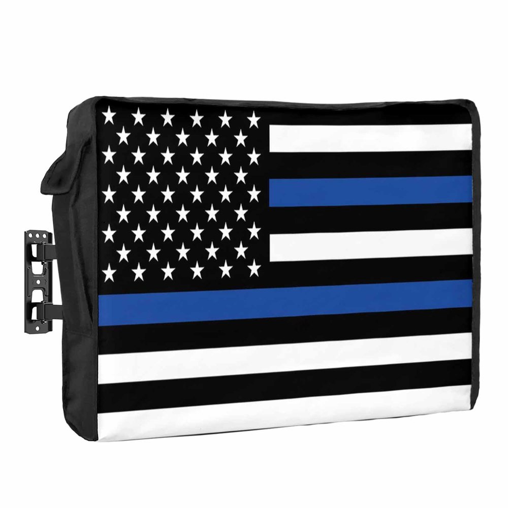 4th of July Outdoor TV Cover 65 Inch Blue Line USA Flag TV Enclosure Independence Day American Police Law Enforcement TV Covers for Outside TV Display Screen Protector with Remote Control Pocket