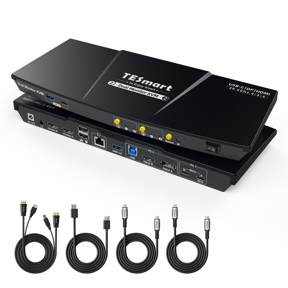 TESmart MST USB-C/HDMI/DP KVM Switch 2 Monitors 2 Computers, USB 3.0 KVM Dual Monitor for Laptop&Desktop, 4K@60Hz, 60W PD, Gigabit Network, Hotkey Switch, with Input Cables