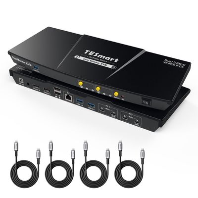 TESmart USB-C KVM Switch 2 Monitors 2 Laptops 4K@60Hz, USB 3.0 KVM Switch Dual Monitor MST, EDID Emulation, 60W PD, 1G Ethernet, 2K@144Hz, 1080P@240Hz, Hotkey Switch, with All Input Cables