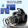12X Optical Zoom Digital Cameras for Photography: 72MP 4K UHD Auto Focus Compact Cameras with WiFi - 180 Flip Screen & 64GB SD Card for Beginners YouTube Vlogging Creator Outdoor Travel Black view 2