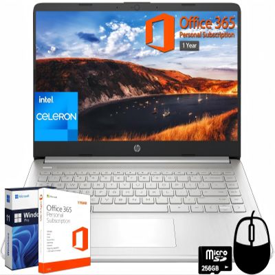 HP 14 Inch Laptop for Student Business, with One-Year Office 365 & Windows 11 Pro, Intel Dual-Core N4120, 16 GB RAM, 384 GB Storage(128 GB eMMC+256 GB MSD), Ultra Light, Webcam, with Designed Mouse