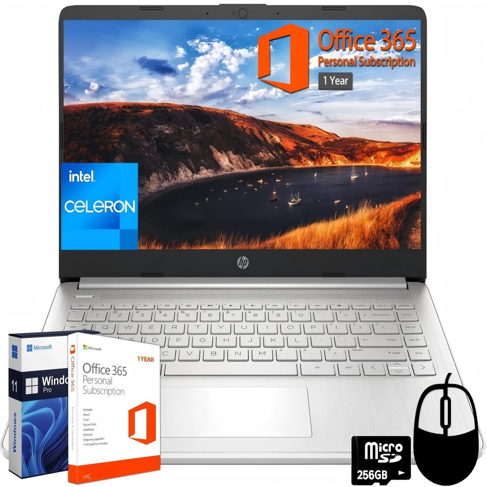 HP 14 Inch Laptop for Student Business, with One-Year Office 365 & Windows 11 Pro, Intel Dual-Core N4120, 16 GB RAM, 384 GB Storage(128 GB eMMC+256 GB MSD), Ultra Light, Webcam, with Designed Mouse