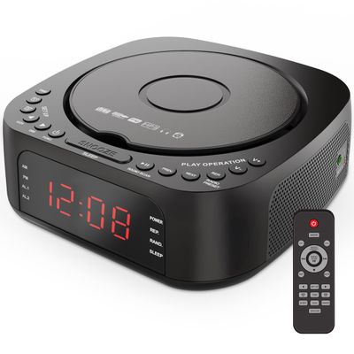 KUEPHOM CD Player Alarm Clock with Remote:CD/MP3,Bluetooth,FM Radio with Speakers,USB Charger and Dimmable Display for Bedroom-Dual Alarm with Optional Sound Suitable for Heavy/Light Sleeper