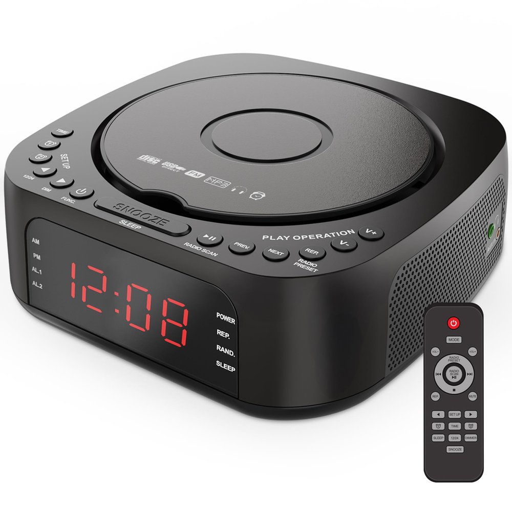 KUEPHOM CD Player Alarm Clock with Remote:CD/MP3,Bluetooth,FM Radio with Speakers,USB Charger and Dimmable Display for Bedroom-Dual Alarm with Optional Sound Suitable for Heavy/Light Sleeper