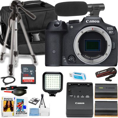 Canon EOS R7 Mirrorless Camera Body ONLY + Directional Microphone + Camera Case + Tripod + More (18pc Bundle) (Renewed)