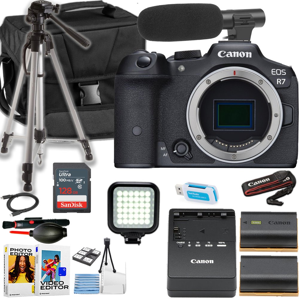 Canon EOS R7 Mirrorless Camera Body ONLY + Directional Microphone + Camera Case + Tripod + More (18pc Bundle) (Renewed)
