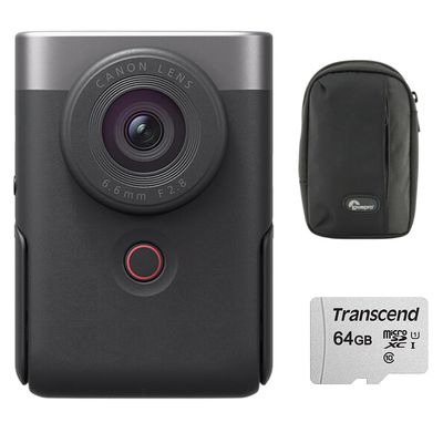 Canon Powershot V10 Content Creator Compact Vlogging Camera, 4K Video, 19mm Fixed Wide-Angle Lens | Silver with 64GB MicroSDXC Memory Card + Compact Digital Camera Case