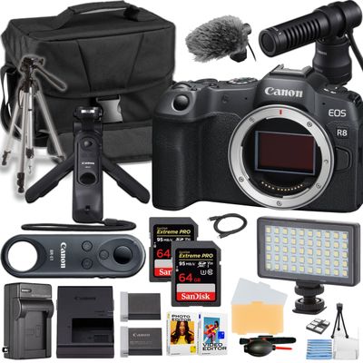 Canon EOS R8 Mirrorless Camera Body ONLY + Canon Handgrip and Microphone + Camera Case + More (21pc Bundle) (Renewed)