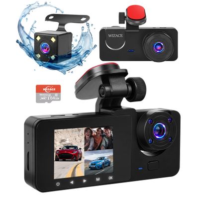 3 Channel Dash Cam Front and Rear Inside with 64GB Card, WIZACE1080P Dash Camera for Cars, Dashcam Three Way Triple Car Camera with IR Night Vision, Loop Recording, G-Sensor, HDR, 24 Hours Recording