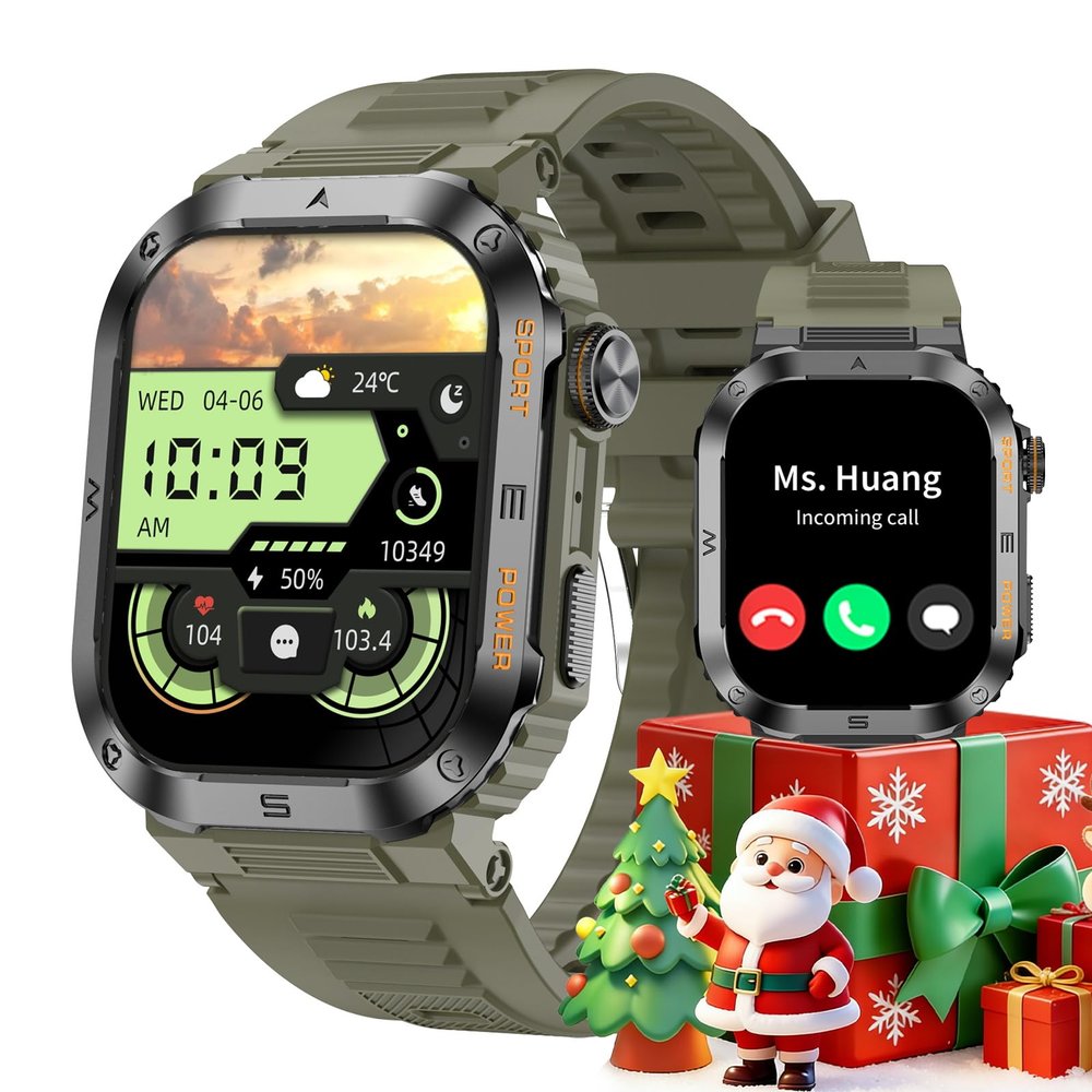 FANCHENGZI Military Smartwatch for Men,Relojes para Hombres 100 Sports Modes(Answer/Dial Calls), IP67 Waterproof Fitness Watch, Pressure for Android and iOS,2.01''HD DIY Screen Smartwatch(Green)