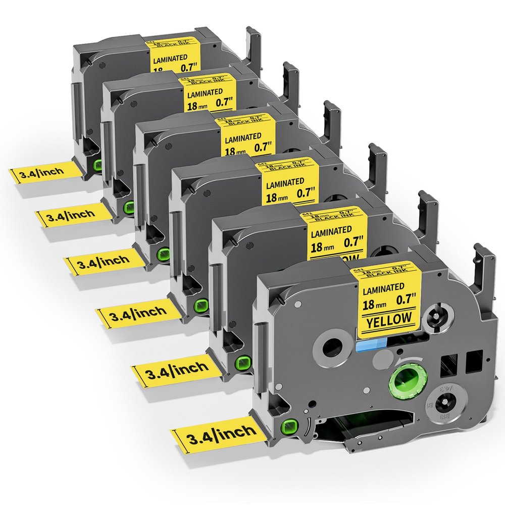 Colorty 18mm Black on Yellow Tape Replace for Brother TZe-641 P-Touch Label Tape 18 mm 0.7 Laminated TZe641 for Ptouch PTD400 PTD410 PT-E300 PT-E560BTVP Edge Label Maker Refills 3/4 Inch, 6 Pack