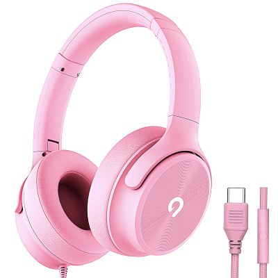 ADOOPE USB C Wired Over-Ear Headphones with Mic, Hi-Fi Stereo Sound, Noise-Isolating Ear Cups, Comfortable Fit for iPhone15/16, Samsung Galaxy S24/S23, Type-C Phones & Tablets (Pink)