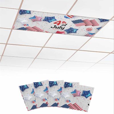 4th of July Fluorescent Lights Covers for Ceiling Lights Flag Magnetic Light Filters 4 Pack 4x2 ft Star Balloon Ribbon Wood Grain Ceiling Light Cover for Classroom Office School Drop Decor