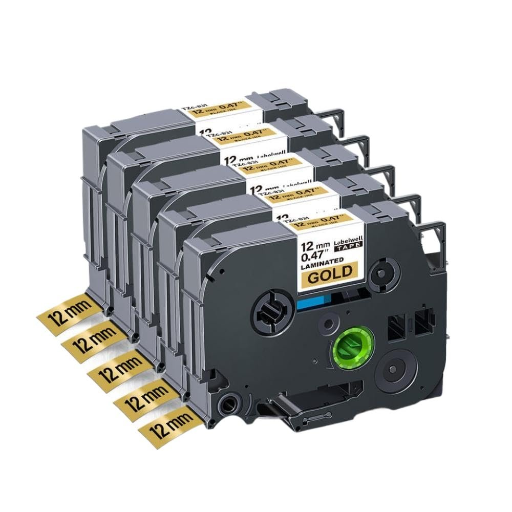 12mm TZ231 Label Tape Black On White Compatible with Models 231 131 631 335 3 5 Or 10 Pack for PTH110 Label Printer(5PK Black on Gold)